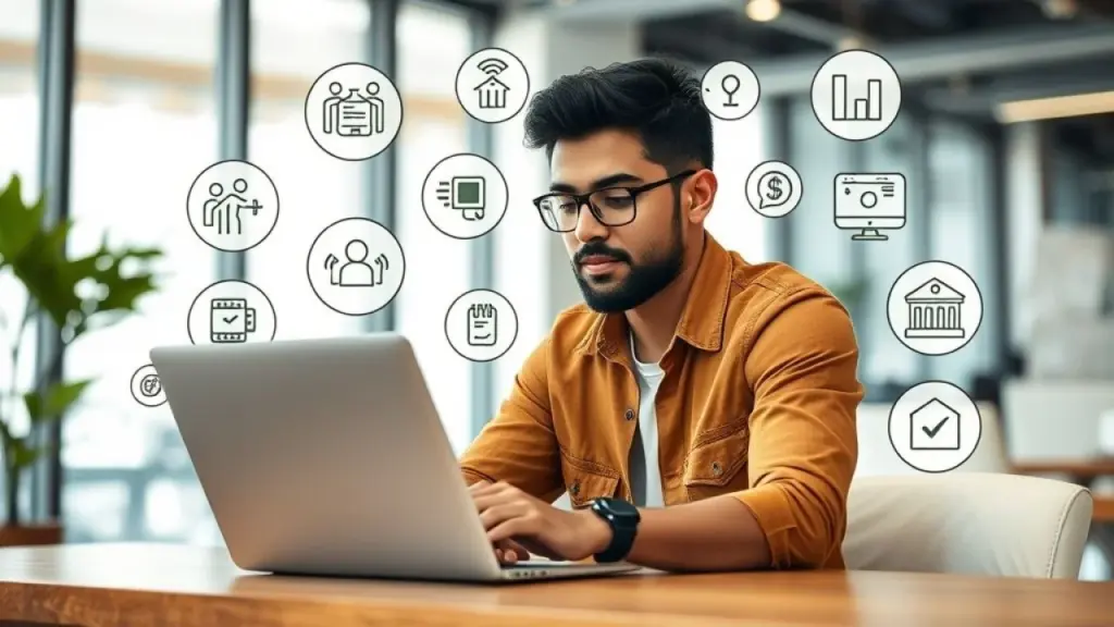 Brazilian entrepreneur working on a laptop, surrounded by icons representing time-saving, cost Vantagens PLR: Economia, personalização, escalabilidade.