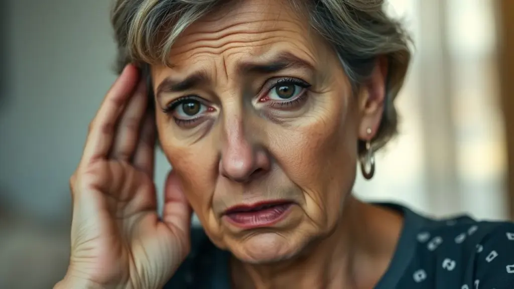 Mulher atenta, com a mão no ouvido, tentando ouvir. Sinais de perda auditiva.