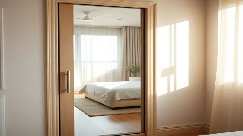Close-up of a single wardrobe door with a full-length mirror reflecting a sunlit Brazilian bedroom, Guarda-roupa solteiro com espelho ampliando a luz do quarto.