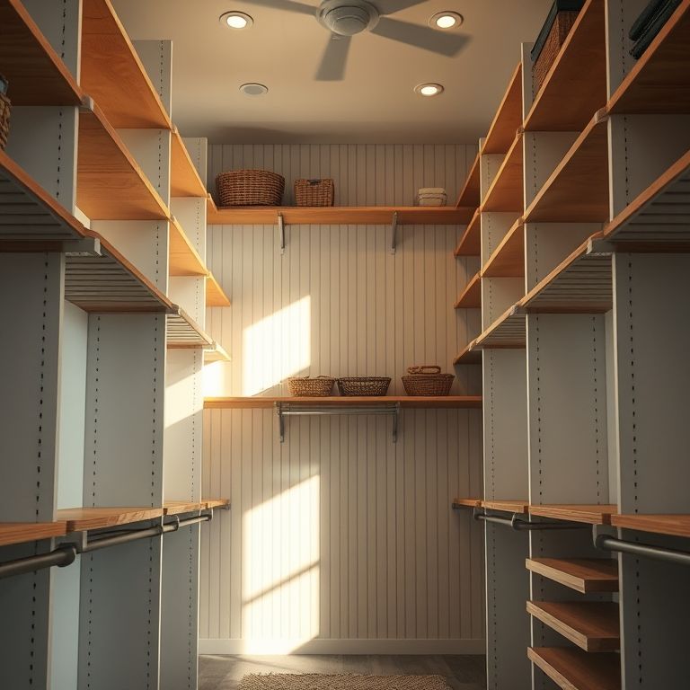 Closet alto com prateleiras aproveitando o espaço vertical.
