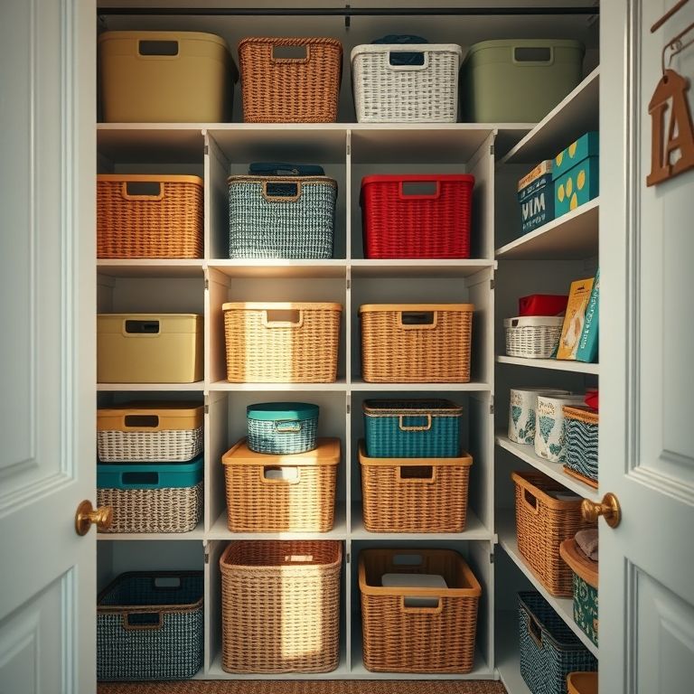Closet com caixas, cestos e prateleiras organizadoras.