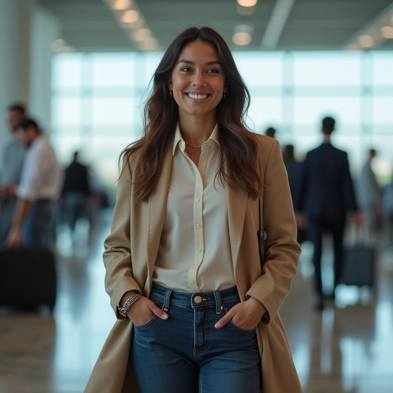 Moda para consultores de viagem: o look do especialista Consultora de viagens vestindo look profissional e confortável em aeroporto, pronta para inspirar confiança e expertise.
