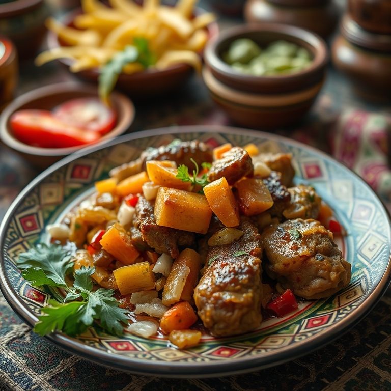 Cuscuz servido em um prato tradicional, com vegetais e carne.