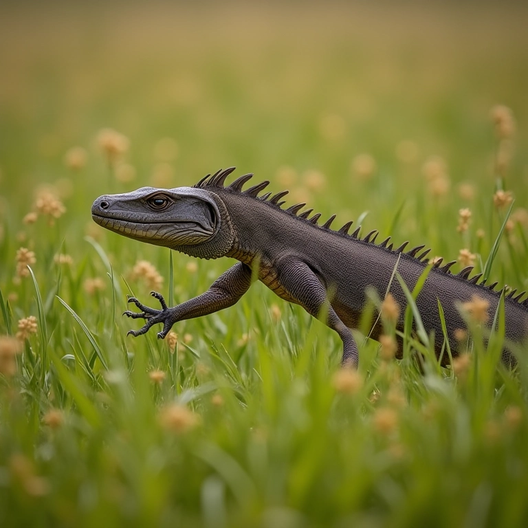 Dragão de Komodo emboscando um cervo-de-timor na grama alta.