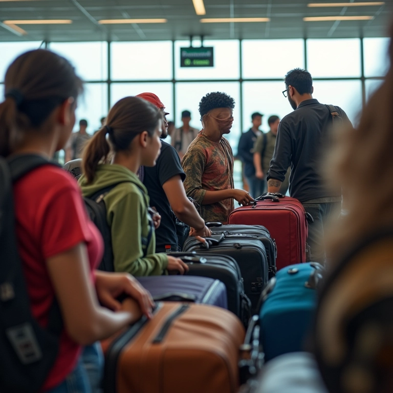 Alfândega Brasil: Limite de Compras no Exterior Esteira de bagagem em aeroporto brasileiro com viajantes diversos e fiscal da alfândega ao fundo.