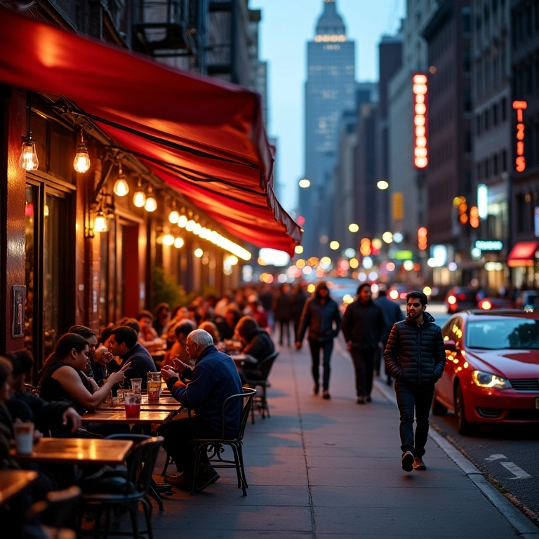 Melhores Restaurantes de NY: Guia Fachada vibrante de restaurantes em Nova York, com pessoas diversas aproveitando a culinária.