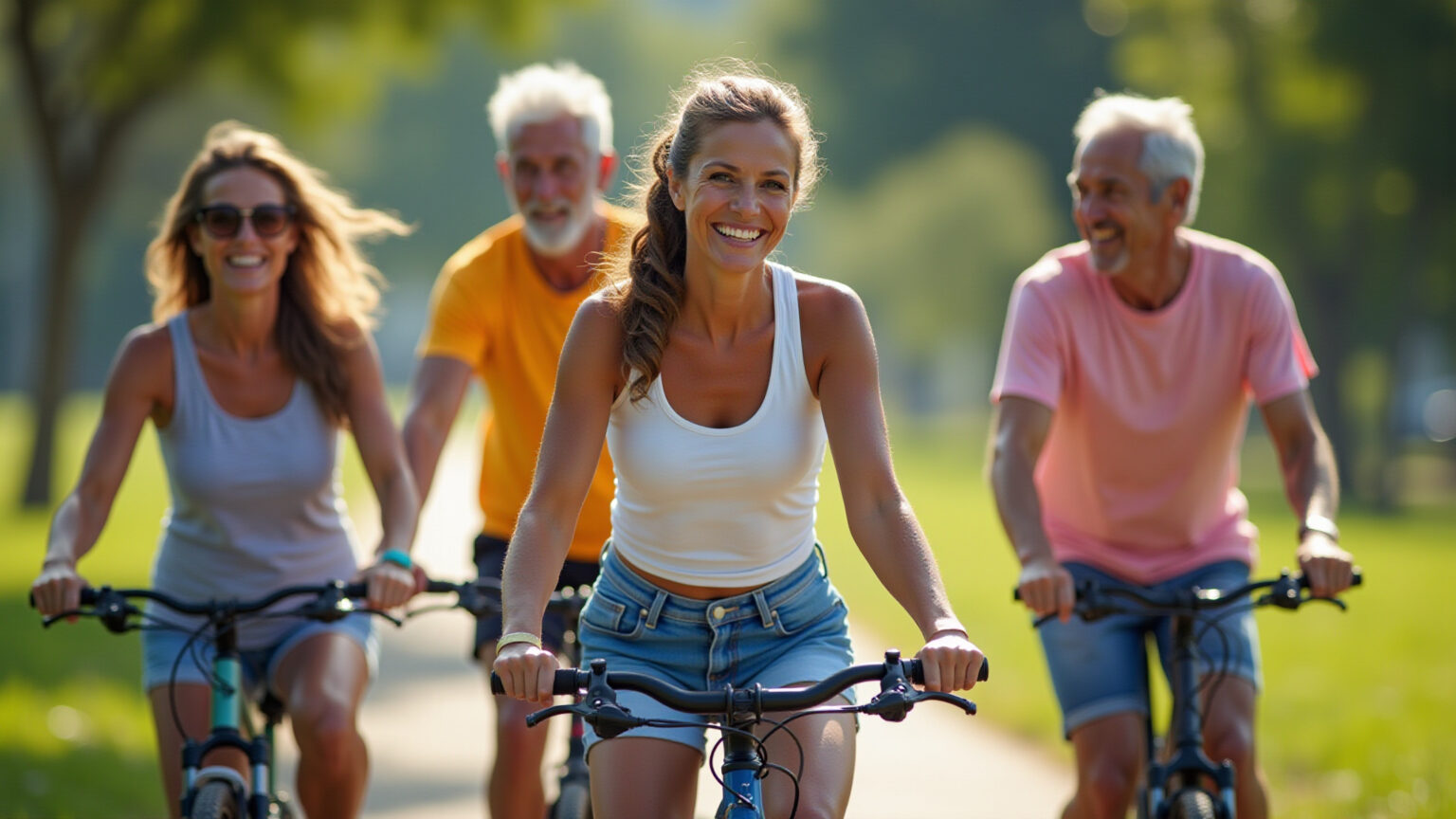 Como fortalecer seu coração ao longo dos anos com exercícios simples Grupo de brasileiros diversos se exercitando ao ar livre para fortalecer o coração.