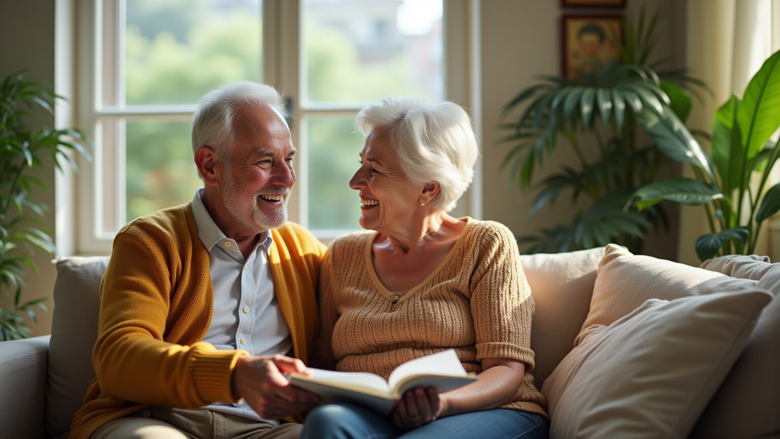 União Estável +70 Anos: Como Fica a Herança? Casal idoso sorrindo, discutindo herança em lar ensolarado.