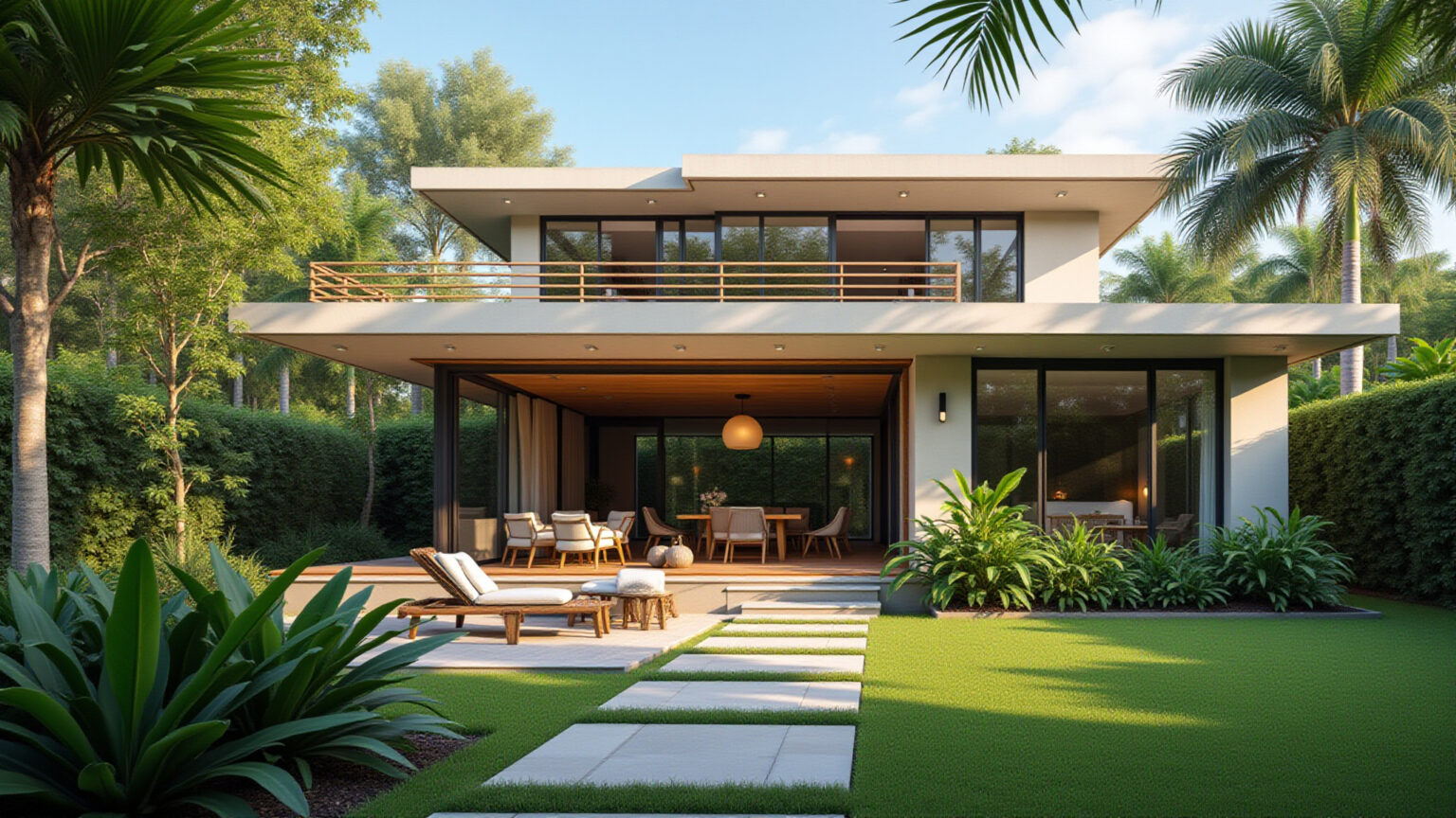 Exterior de casa moderna brasileira com jardim tropical.