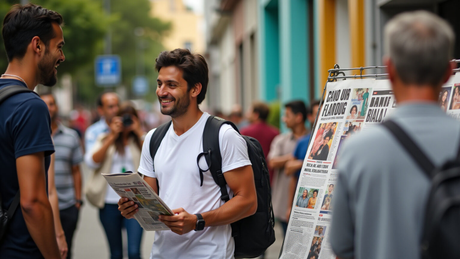 Banca de jornal em Goiânia, pessoas sorrindo e comprando notícias.