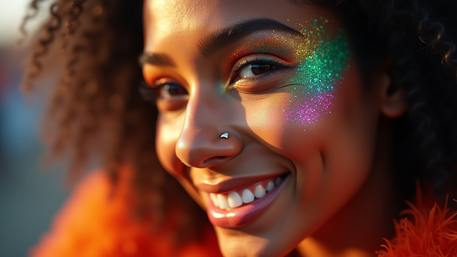 Maquiagem vibrante com glitter para festival.