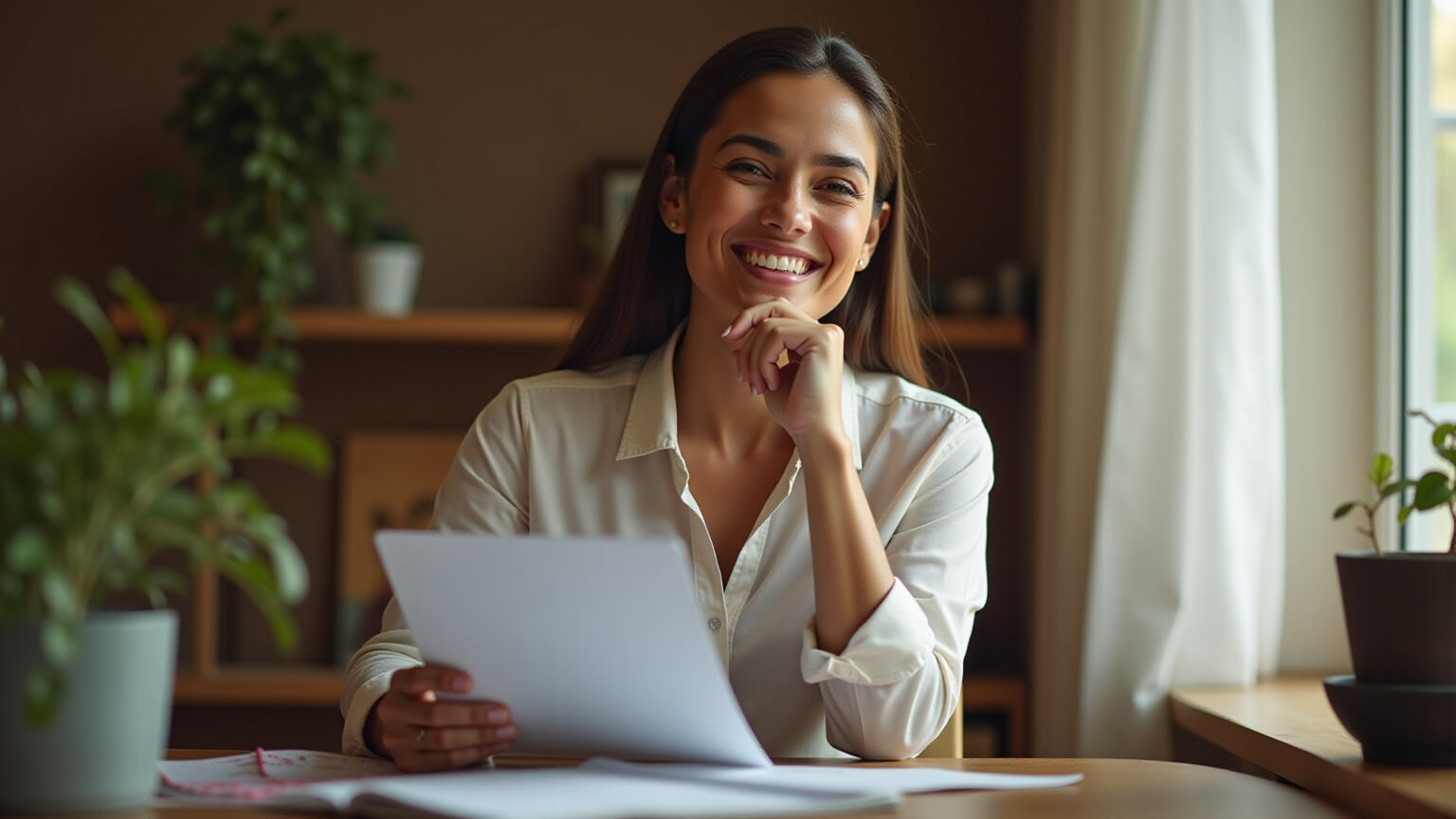 Mulher brasileira sorrindo, decidindo entre pagar contas e investir o 13º salário.