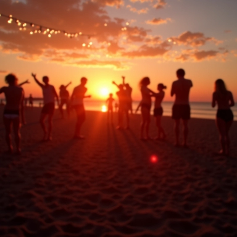 Festa na praia ao pôr do sol com pessoas dançando e fogueira.