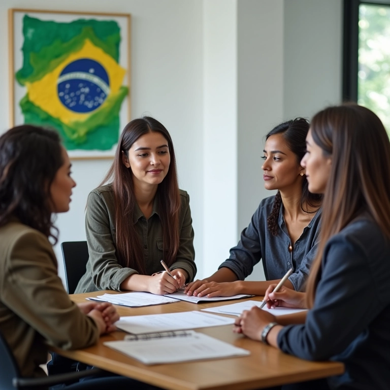 Grupo diverso recebendo assistência jurídica gratuita em um escritório moderno com arte brasileira.