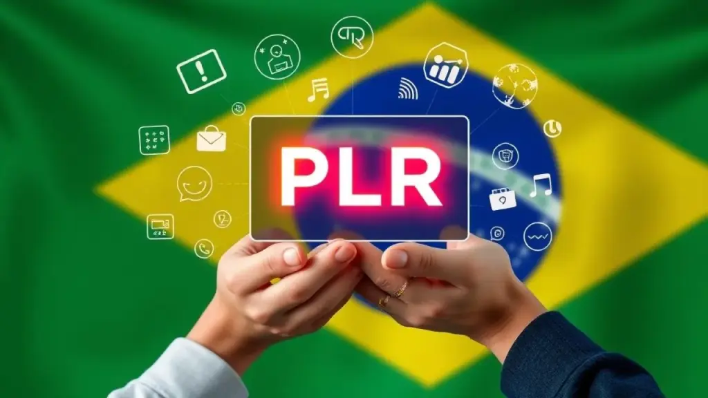Hands holding a digital product with the words 'PLR' glowing on the screen, surrounded by icons Conceito PLR: Produto digital com direitos de marca própria.