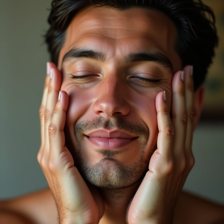 Homem massageando o rosto com os dedos.