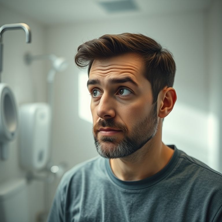 Homem olhando sabonetes íntimos com dúvida.