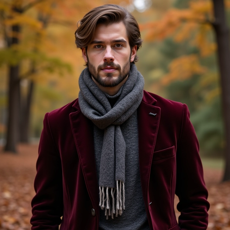 Homem usando blazer de veludo com camisa texturizada e cachecol de lã.