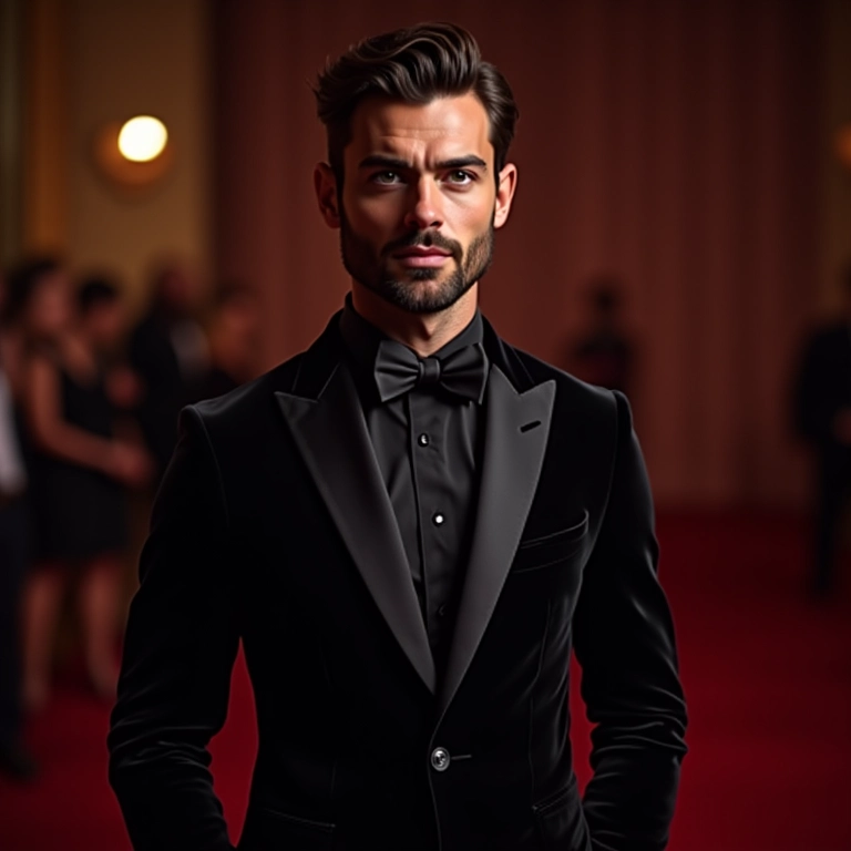 Homem usando blazer de veludo em um evento de gala, elegante e confiante.