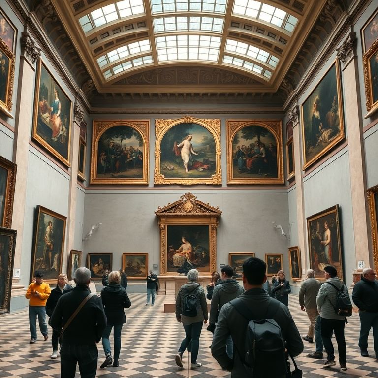 Interior do Museu do Prado com obras de arte famosas e visitantes.
