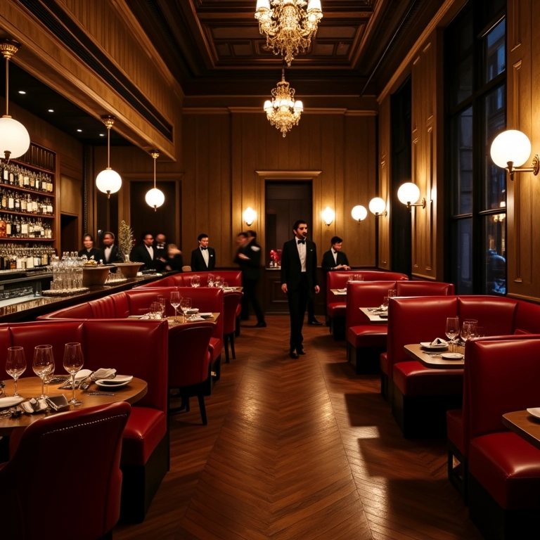 Interior elegante do restaurante Carbone em Nova York, decoração italiana clássica.