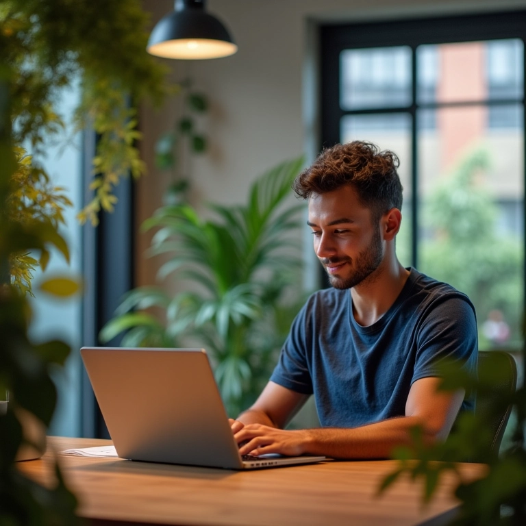 Jovem aprendiz trabalhando em um laptop em um escritório com design brasileiro.