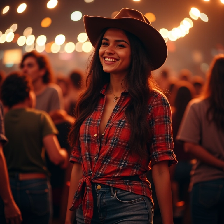 Jovem sorrindo em show country com camisa xadrez amarrada e jeans.