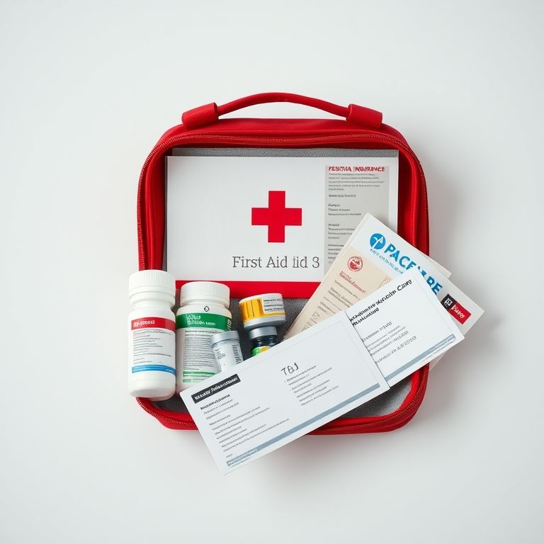Kit de primeiros socorros com medicamentos essenciais e carteira de vacinação.
