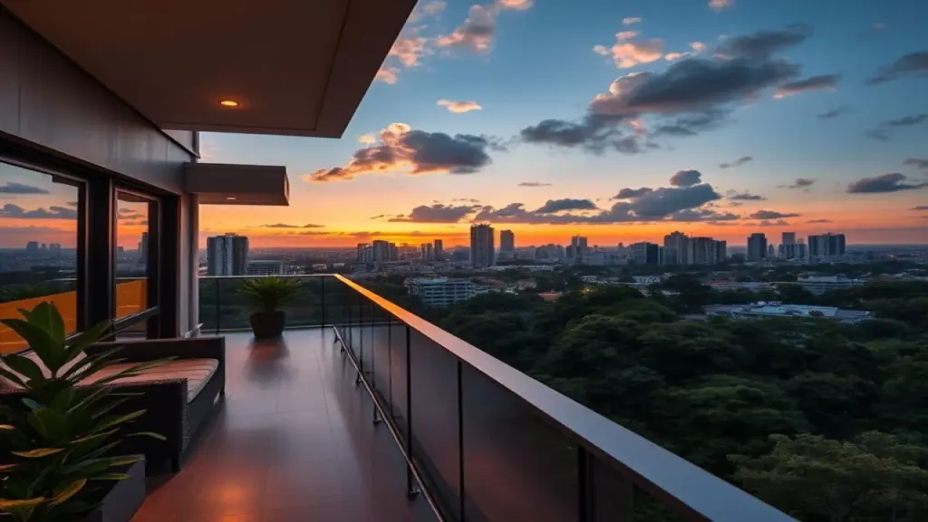 Vista panorâmica de Balneário Camboriú ao pôr do sol, apartamento de luxo.