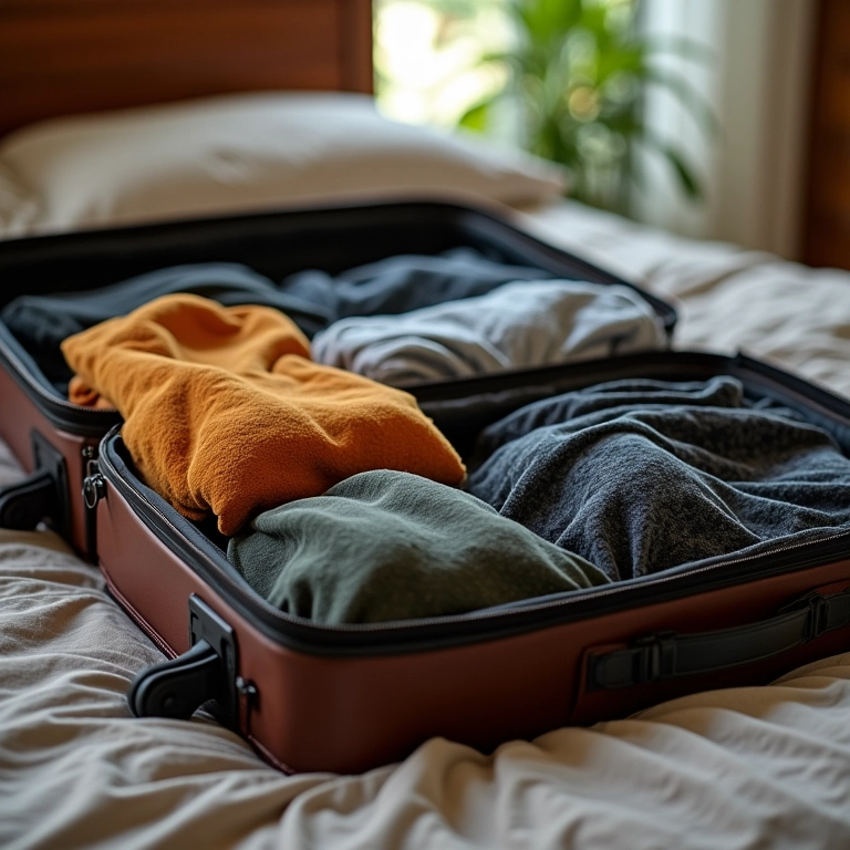 Mala aberta com roupas e itens essenciais para viagem familiar organizada.