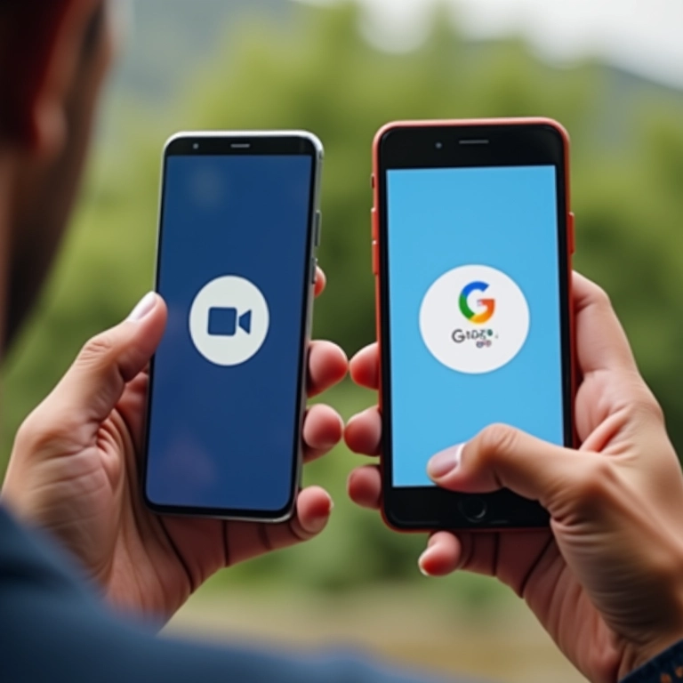Mãos clicando nos ícones do Zoom e Google Meet em smartphones.