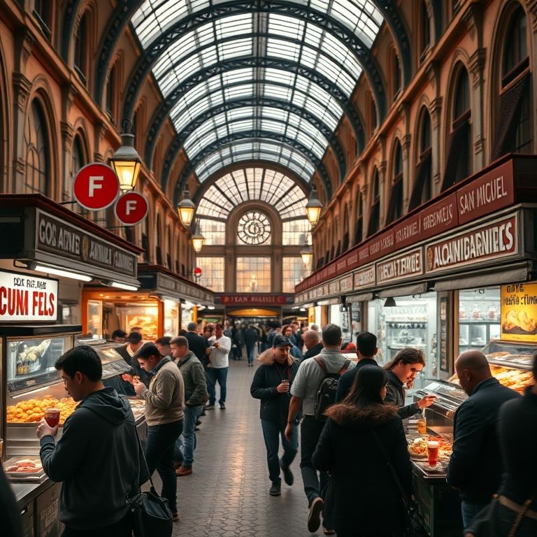 Mercado de San Miguel com diversas barracas de comida e pessoas.