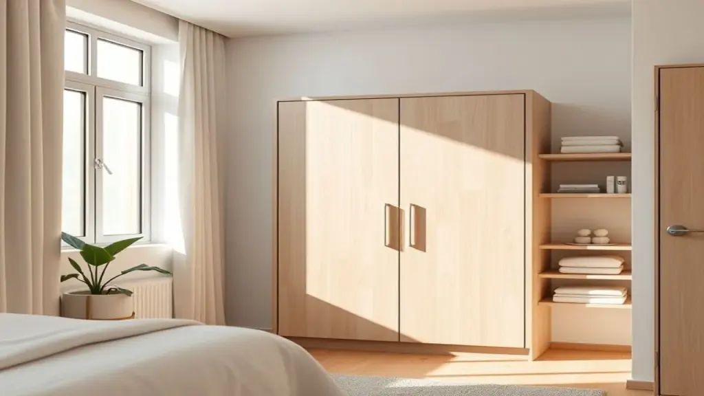 Minimalist single wardrobe in a bright, modern Brazilian bedroom, natural light streaming through Guarda-roupa solteiro minimalista em quarto moderno brasileiro.