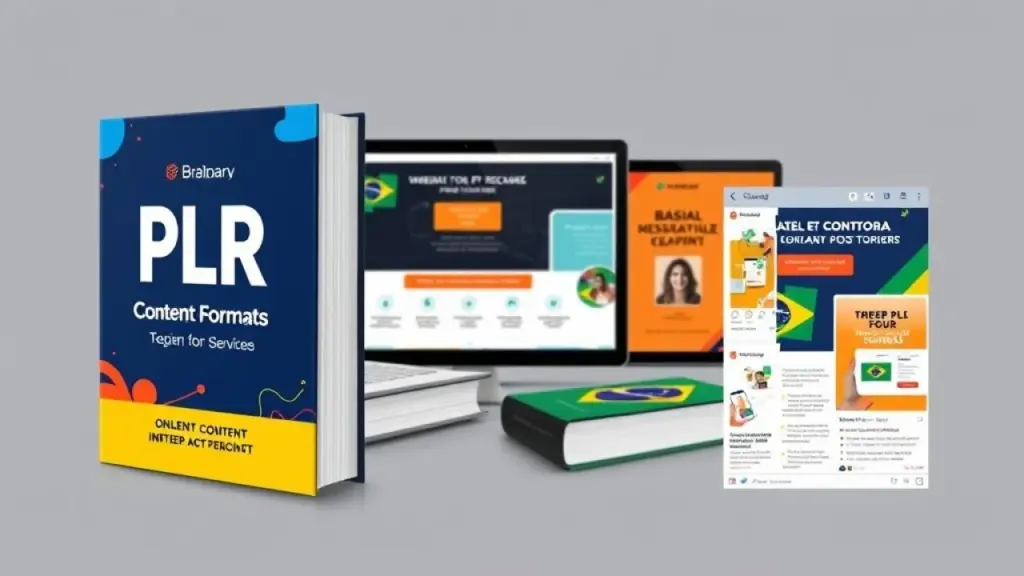 Montage of diverse PLR content formats: ebook cover, online course interface, social media post Formatos PLR: E-books, cursos, posts, templates.