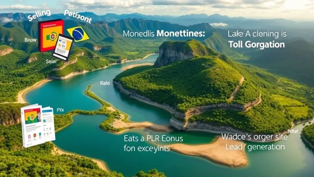 Montage of various monetization strategies: selling a digital product on Hotmart, offering a PLR Monetização PLR: Venda direta, bônus, assinatura, leads.