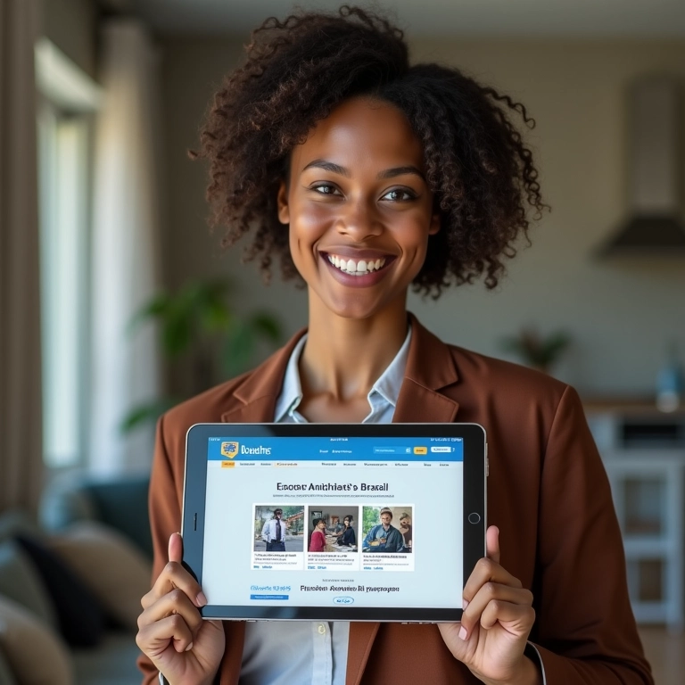 Educa Mais Brasil: Como Conseguir uma Bolsa de 70% Mulher acessando Educa Mais Brasil em tablet, buscando bolsas de estudo.