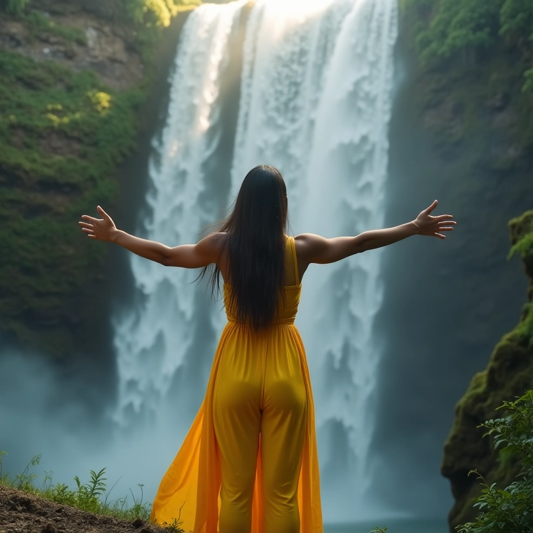 Mulher admirando cachoeira, sentindo a brisa, em paisagem brasileira.