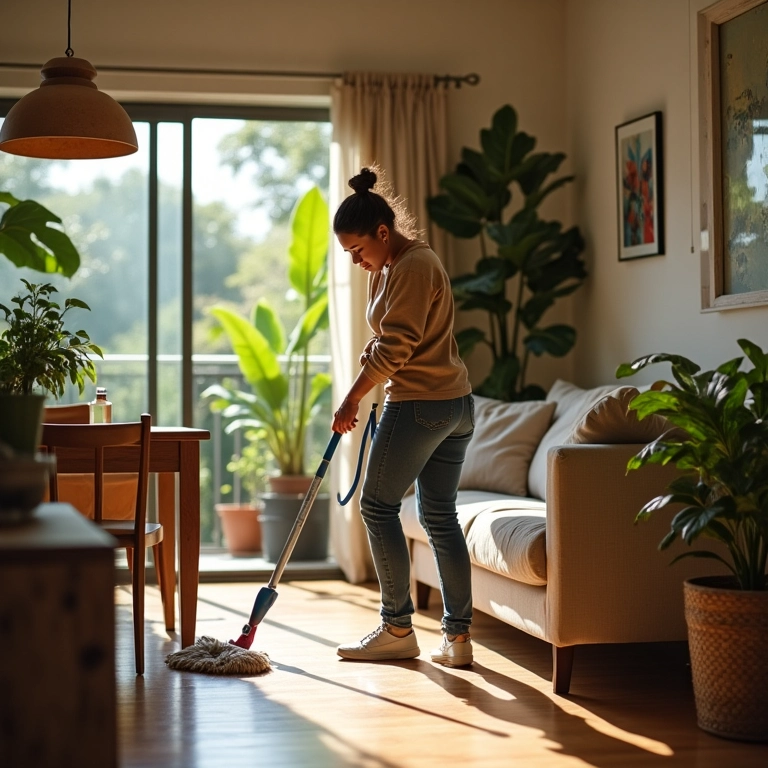 Como Limpar Piso Laminado: O Guia Completo Sem Segredos Mulher limpando piso laminado em sala decorada com estilo brasileiro.