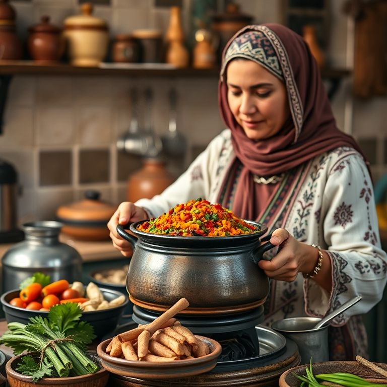Mulher marroquina preparando Tajine em uma panela tradicional.