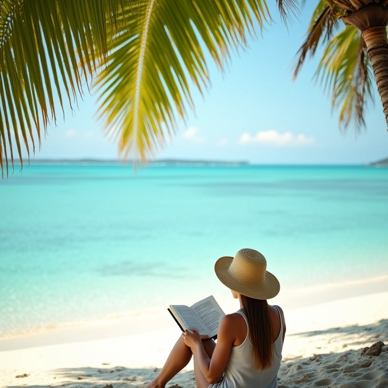 Mulher relaxando em uma praia tranquila, lendo um livro à sombra de uma palmeira.