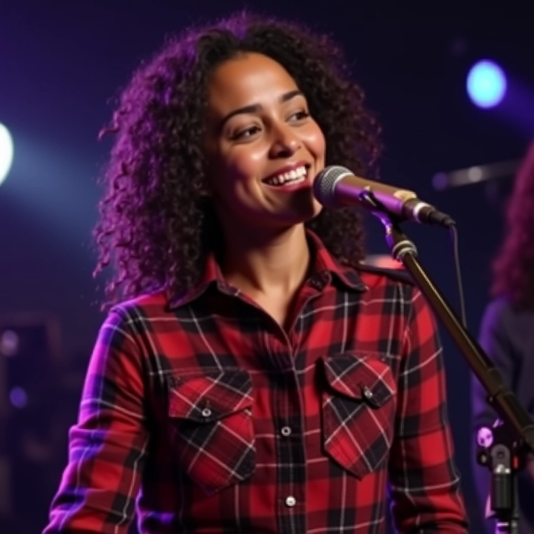 Mulher sorrindo em show sertanejo com camisa xadrez, ícone do estilo.