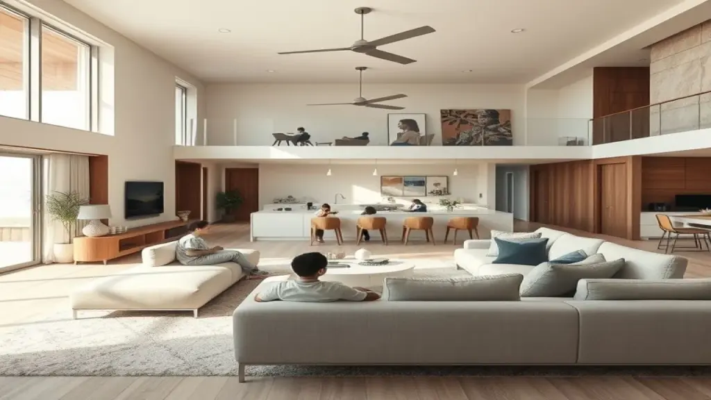 Sala de estar moderna com espaços integrados e design funcional no Brasil.