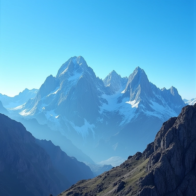 Picos de montanhas imponentes contra um céu azul claro.