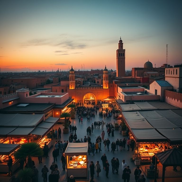 Praça Djemaa el-Fna em Marrakech ao anoitecer, com barracas de comida.
