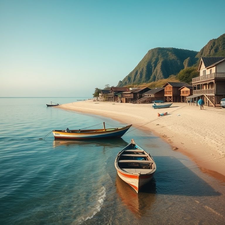 Praia do Bonete, Ilhabela, com casas de madeira, barcos de pesca e pescadores locais.