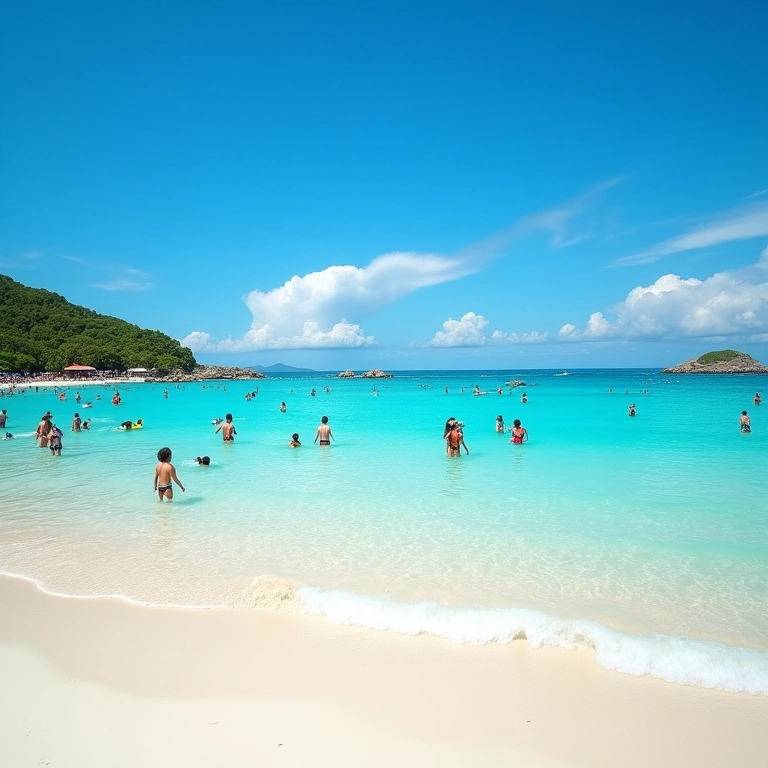 Praia paradisíaca em Florianópolis com águas cristalinas, areia branca e pessoas aproveitando o sol e o mar.