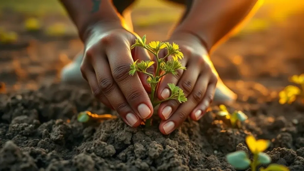Mãos plantando batata inglesa em solo fértil, luz dourada.