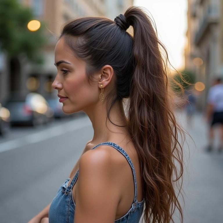 Rabo de cavalo texturizado em cabelo longo, estilo casual chic, ambiente urbano.