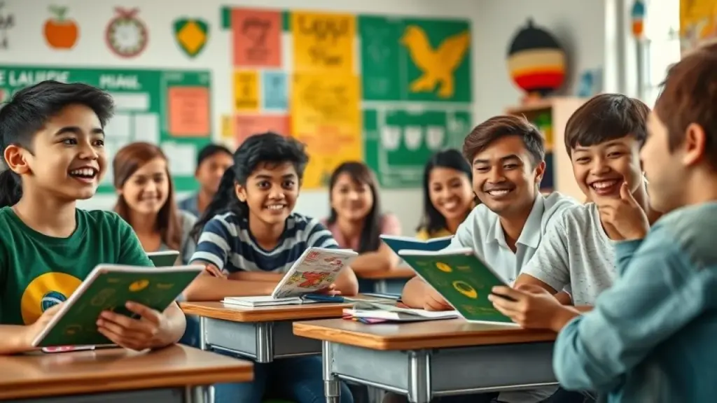 Hiato Ditongo e Tritongo a Diferença Definitiva Estudantes brasileiros aprendendo sobre hiato, ditongo e tritongo em sala de aula colorida e vibrante.