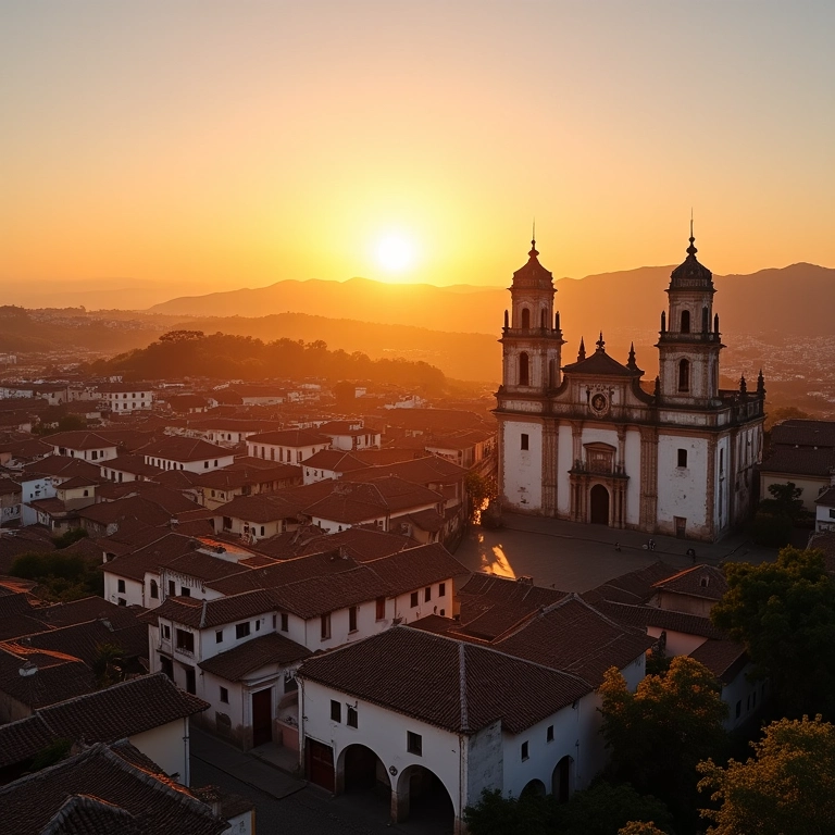 Goiás Velho: Cidade Histórica e Cultural Vista panorâmica de Goiás Velho ao pôr do sol, destacando a arquitetura colonial.